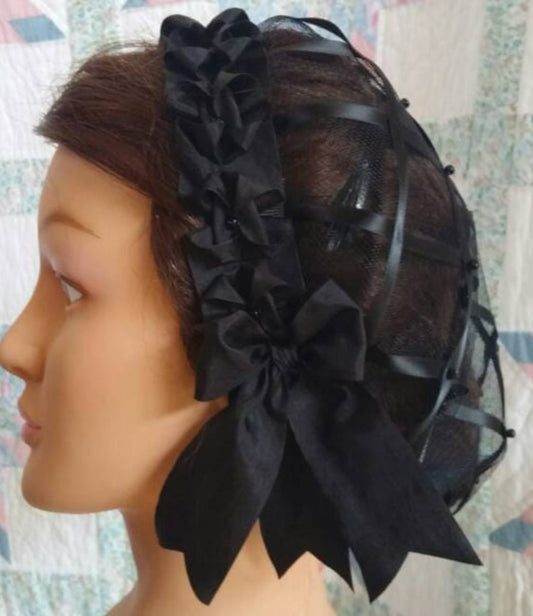 Mourning Black Ribbon Hairnet with choice of Ribbon Coronet - Plain Black or Black Velvet