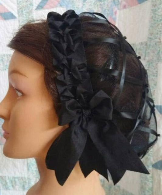 Black Ribbon Hairnet with choice of Ribbon Coronet - Plain Black or Black Velvet