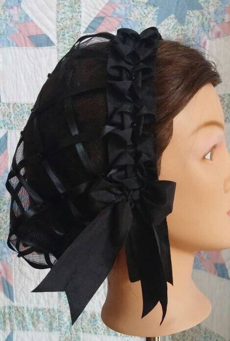 Mourning Black Ribbon Hairnet with choice of Ribbon Coronet - Plain Black or Black Velvet