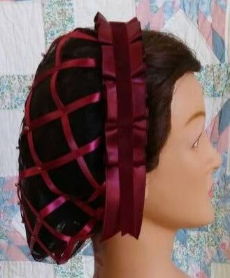 Wine Burgandy Ribbon Hairnet with Burgandy Folded Ribbon Coronet