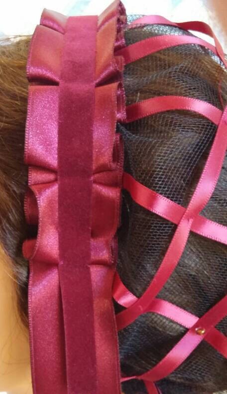 Wine Burgandy Ribbon Hairnet with Burgandy Folded Ribbon Coronet