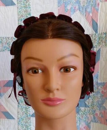 Wine Burgandy Ribbon Hairnet with Burgandy Folded Ribbon Coronet