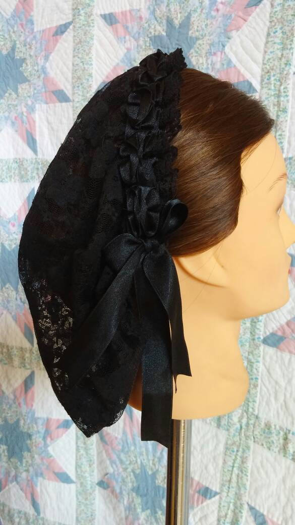 Black Ribboned Black Lacy Daycap - Mourning, Widows or just a great neutral