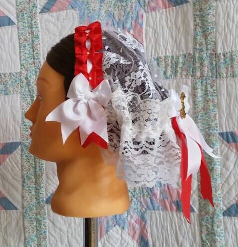 Red and White Trimmed White Lace Fanchon Styled Day Cap