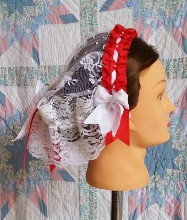 Red and White Trimmed White Lace Fanchon Styled Day Cap