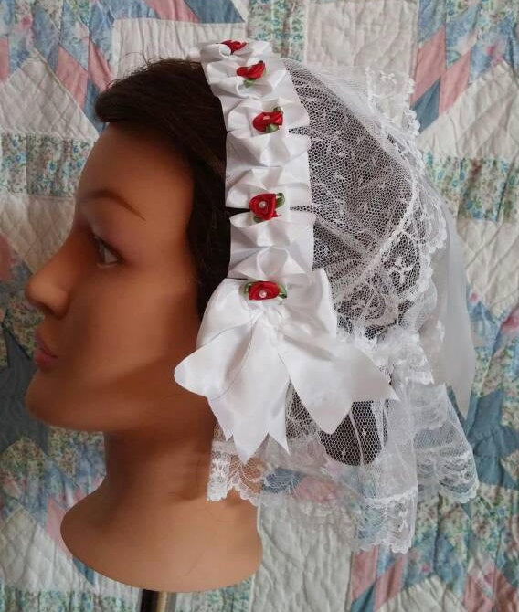 White Lacy Fanchon Daycap with Red Ribbon Roses