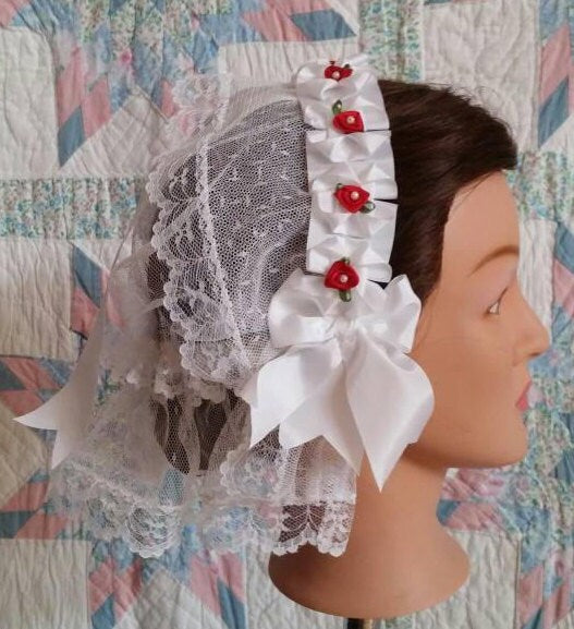 White Lacy Fanchon Daycap with Red Ribbon Roses