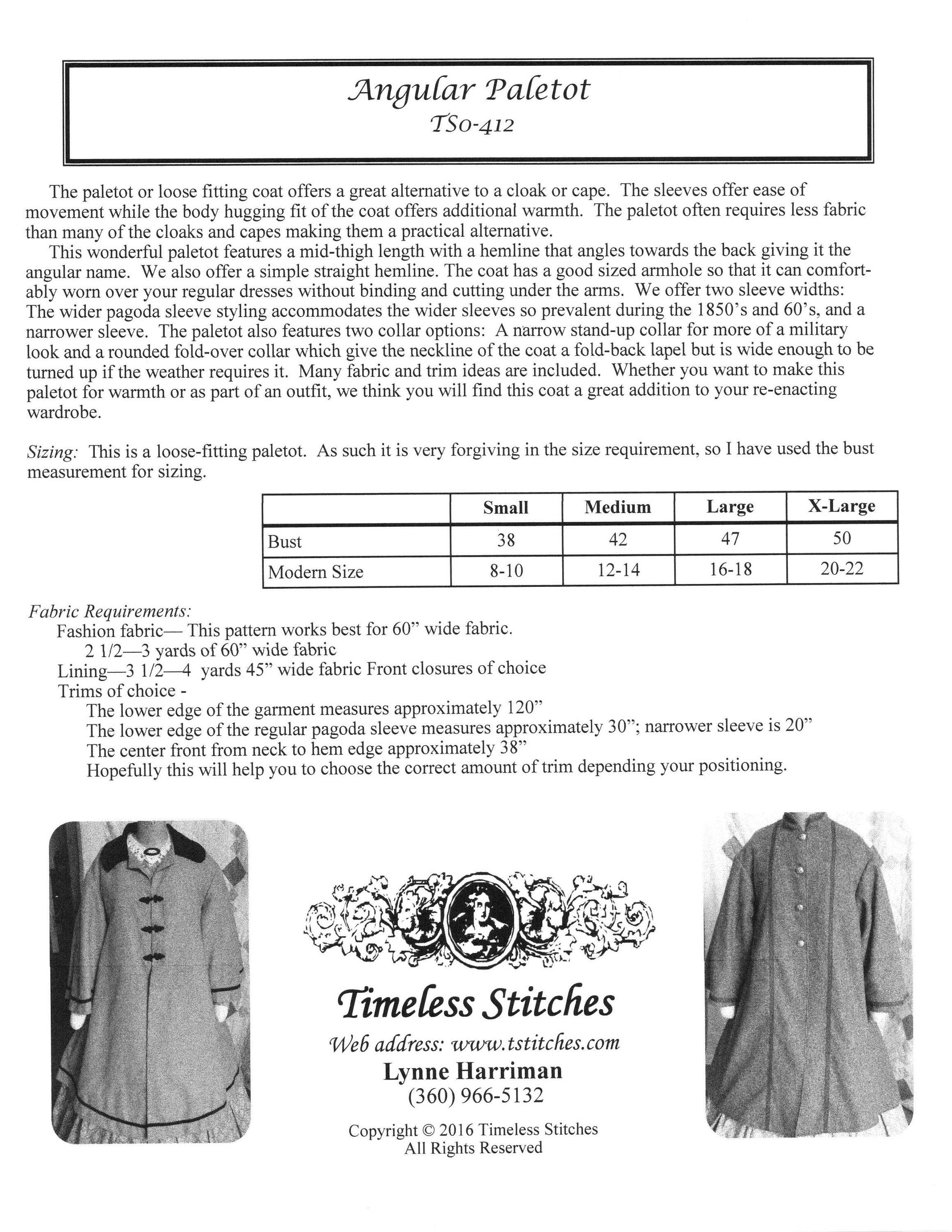 Angular Paletot/19th Century Coat Pattern/ Timeless Stitches Sewing Pattern TSO- 412 Angular Paletot