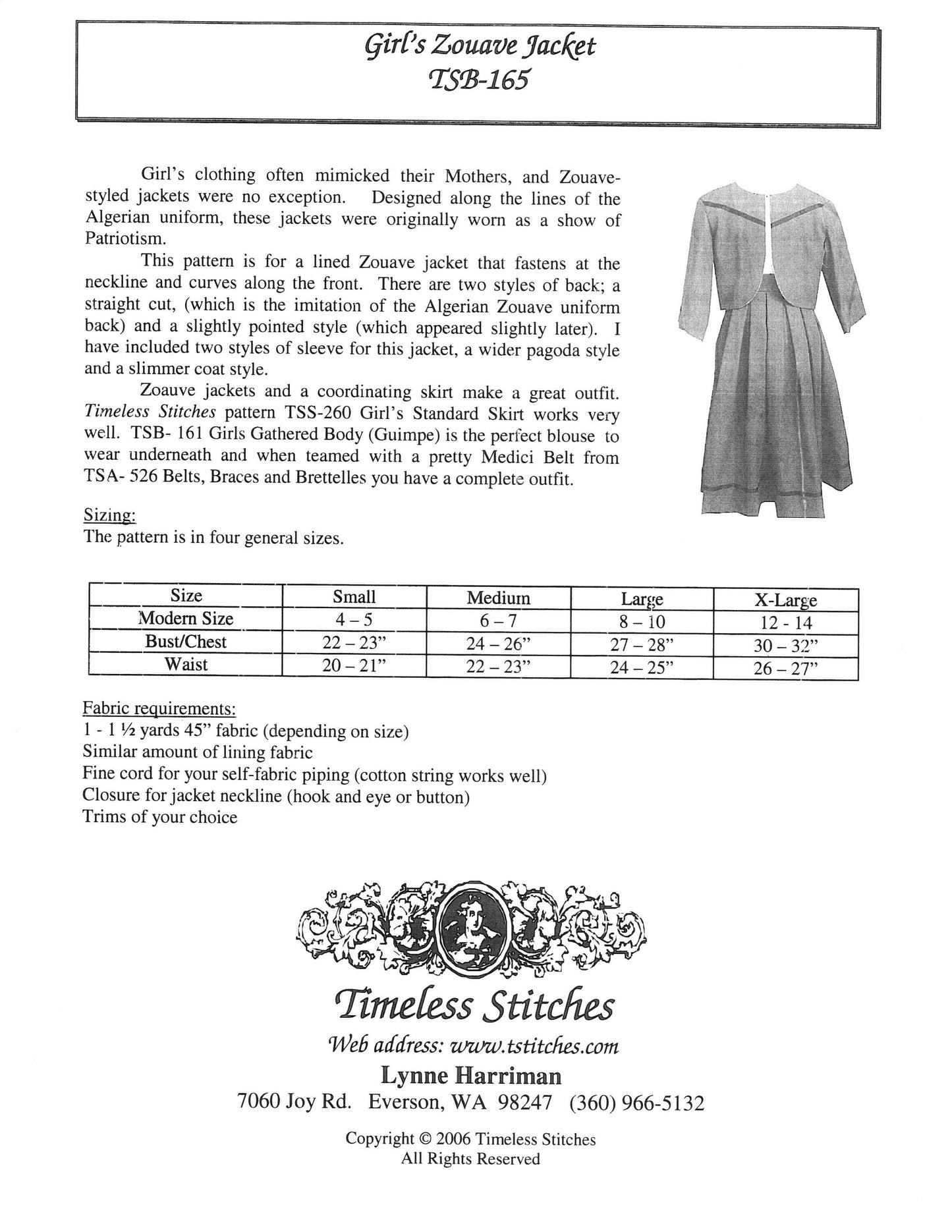 Girl's Zouave Jacket /19 th Century Girls jacket/ Timeless Stitches Sewing Pattern TSB-165 Girl's Zouave Jacket