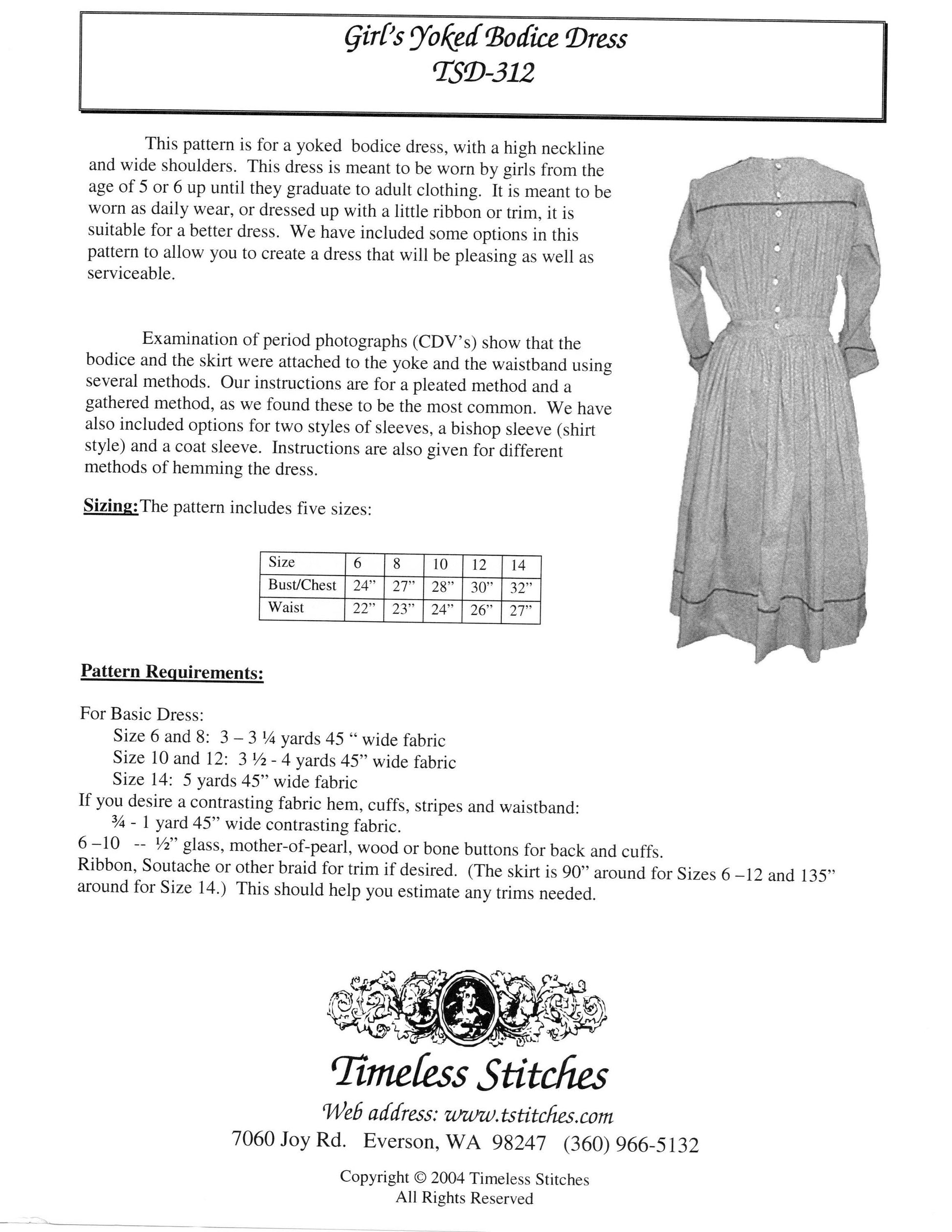 Girl's Yoked Bodice Dress /19th Century Girls Dress/ Timeless Stitches Sewing Pattern TSD-312 Girl's Yoked Bodice Dress