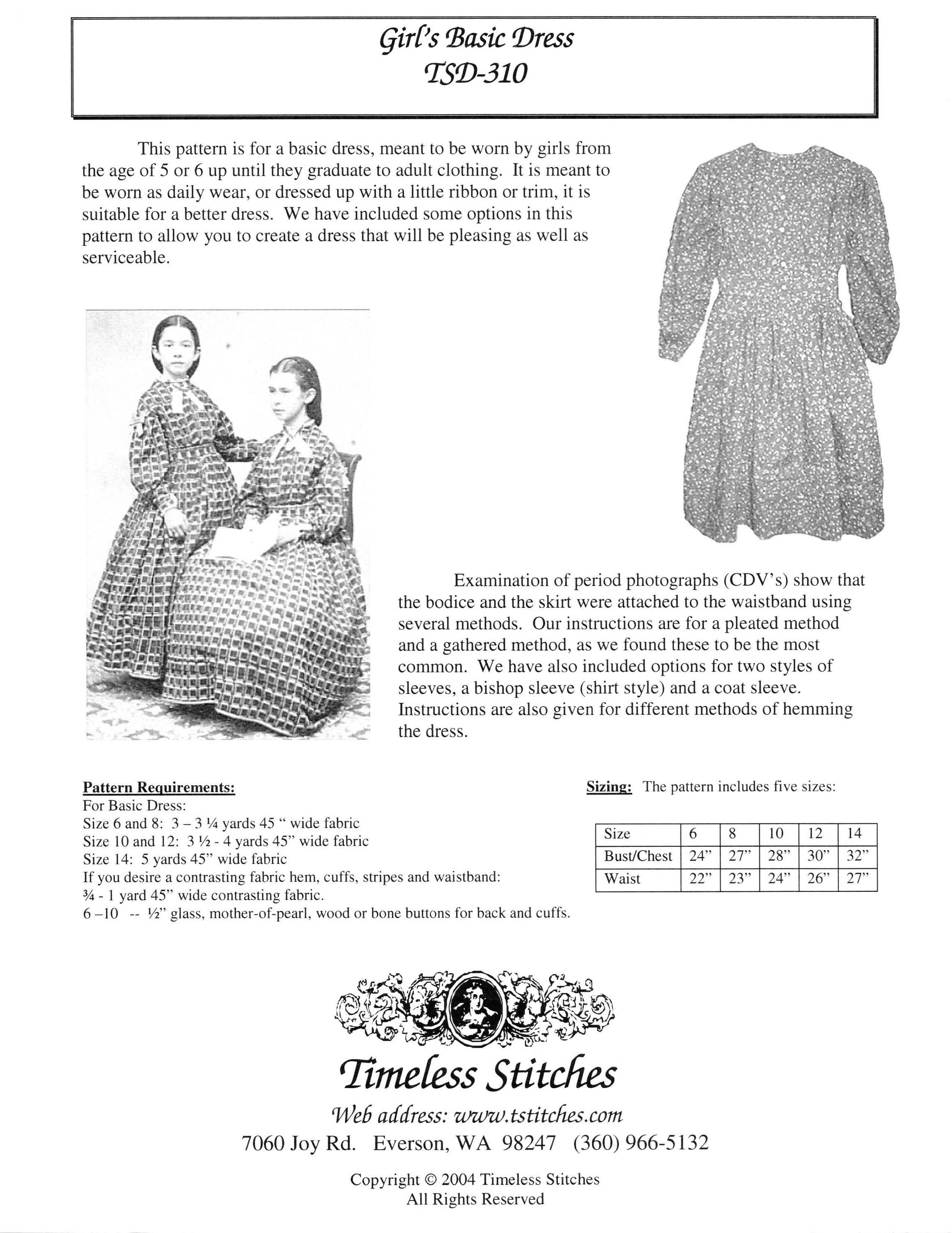 Girl's Basic Dress /19 th Century Girls Dress/ Timeless Stitches Sewing Pattern TSD-310 Girl's Basic Dress