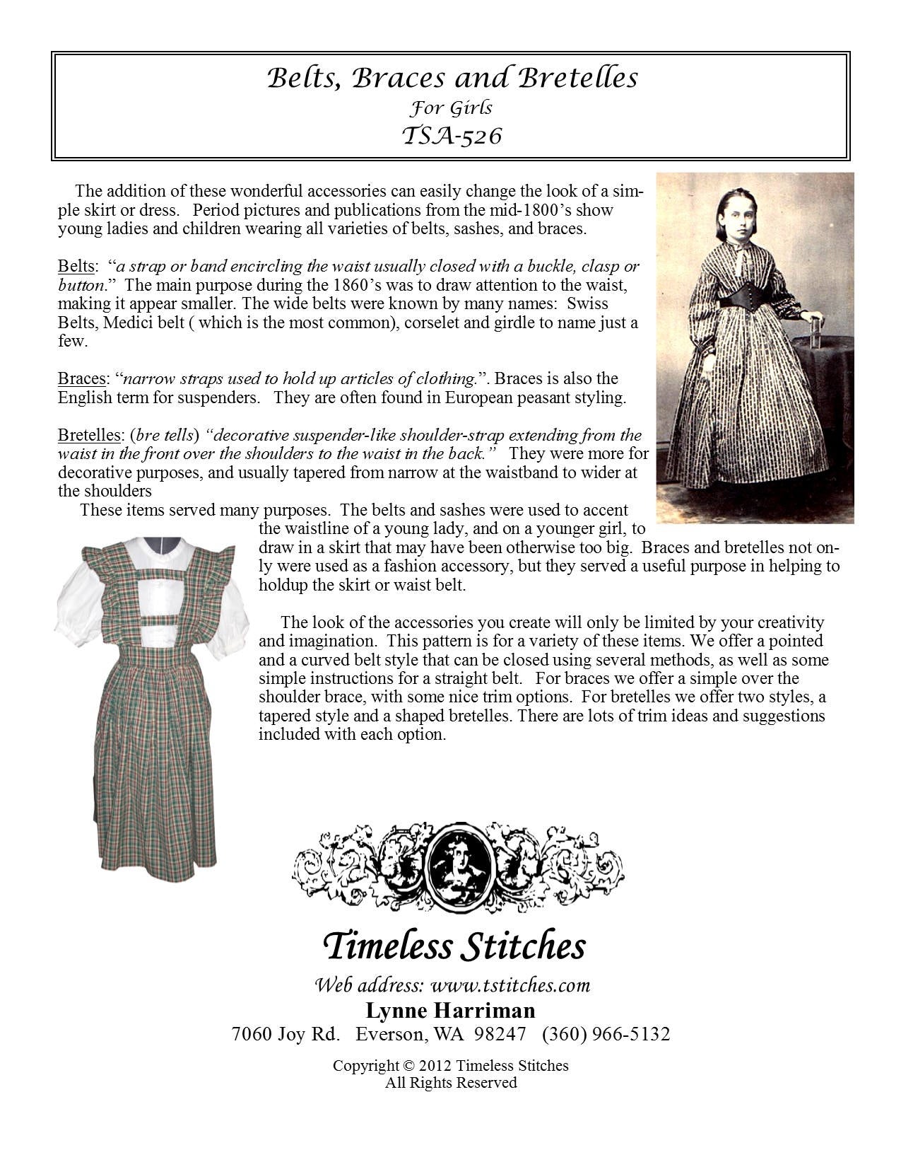 Belts, Braces and Bretelles for Girls/19th Century Pattern/ Timeless Stitches Sewing Pattern TSA- 526 Belts, Braces and Bretelles for Girls
