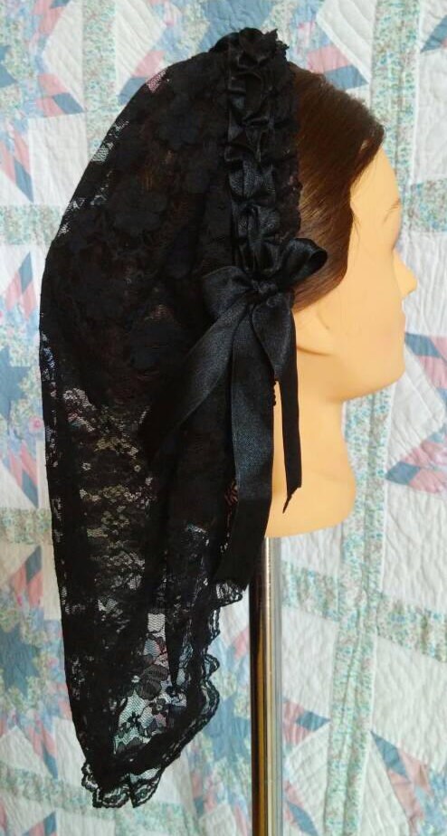 Black Ribboned Black Lacy Daycap - Mourning, Widows or just a great neutral