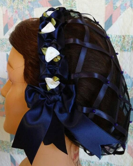 Navy Ribbon Hairnet with White Satin Ribbon Roses on a Navy Folded Ribbon Coronet