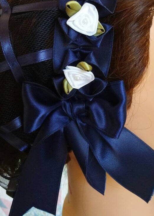 Navy Ribbon Hairnet with White Satin Ribbon Roses on a Navy Folded Ribbon Coronet
