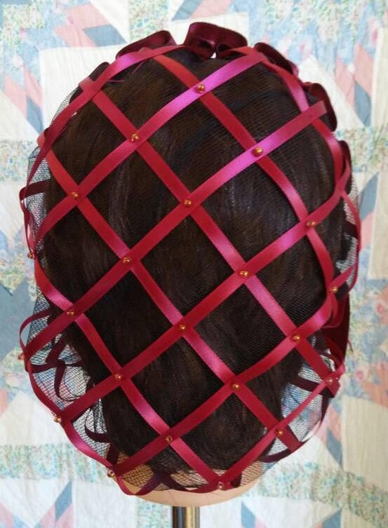 Wine Burgandy Ribbon Hairnet with Burgandy Folded Ribbon Coronet