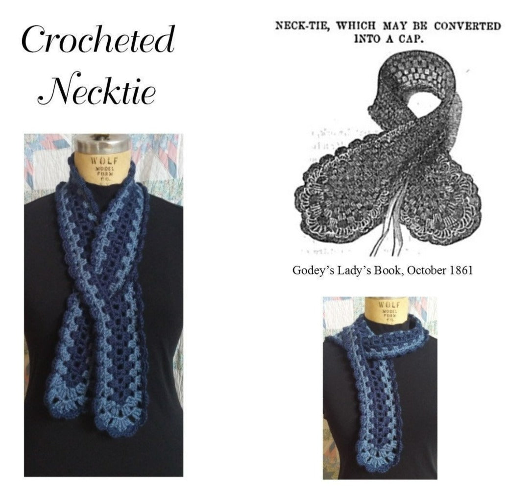 Victorian Crocheted Neck-tie/ Scarf, Neck Warmer - Navy and Slate Blue