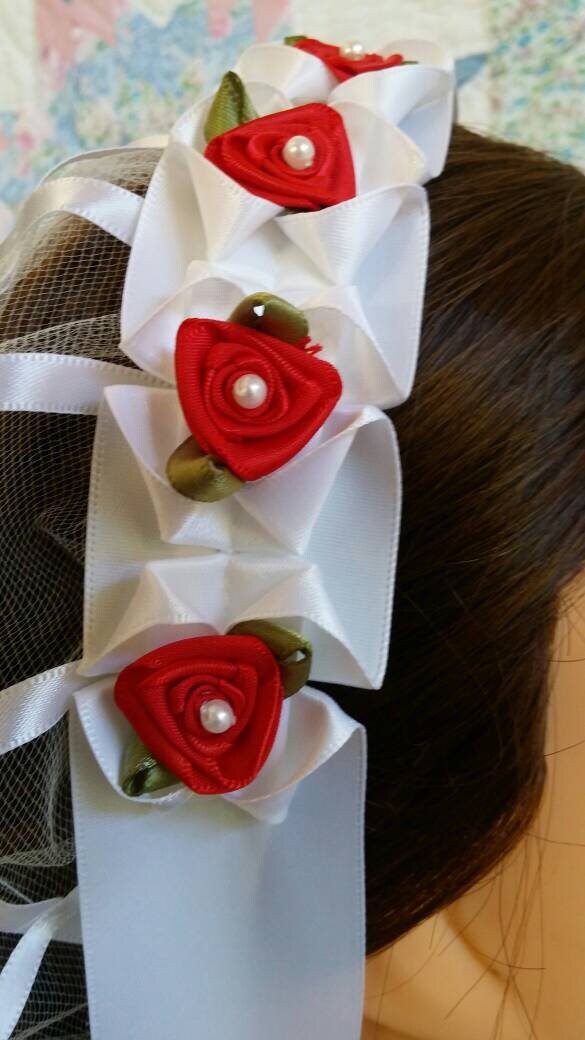 White Ribbon Hairnet with Red Satin Ribbon Roses on a White Folded Ribbon Coronet - Mrs Claus, Christmas