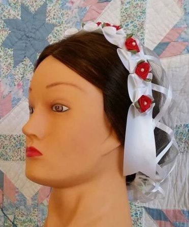 White Ribbon Hairnet with Red Satin Ribbon Roses on a White Folded Ribbon Coronet - Mrs Claus, Christmas