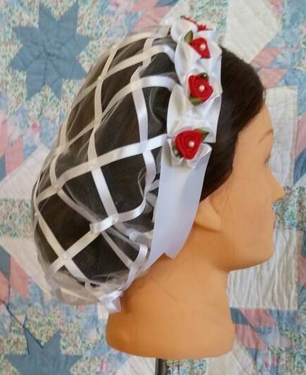 White Ribbon Hairnet with Red Satin Ribbon Roses on a White Folded Ribbon Coronet - Mrs Claus, Christmas