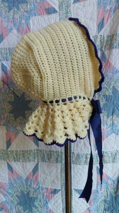 Cream Wool Carriage Bonnet trimmed in Choice of Color/ Crocheted Hood/ Winter Bonnet - 19th Century Victorian