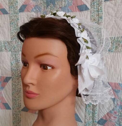 White Ribbon Rose Trimmed Folded Ribbon Fanchon Style Lacy Daycap