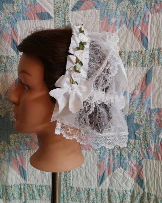 White Ribbon Rose Trimmed Folded Ribbon Fanchon Style Lacy Daycap