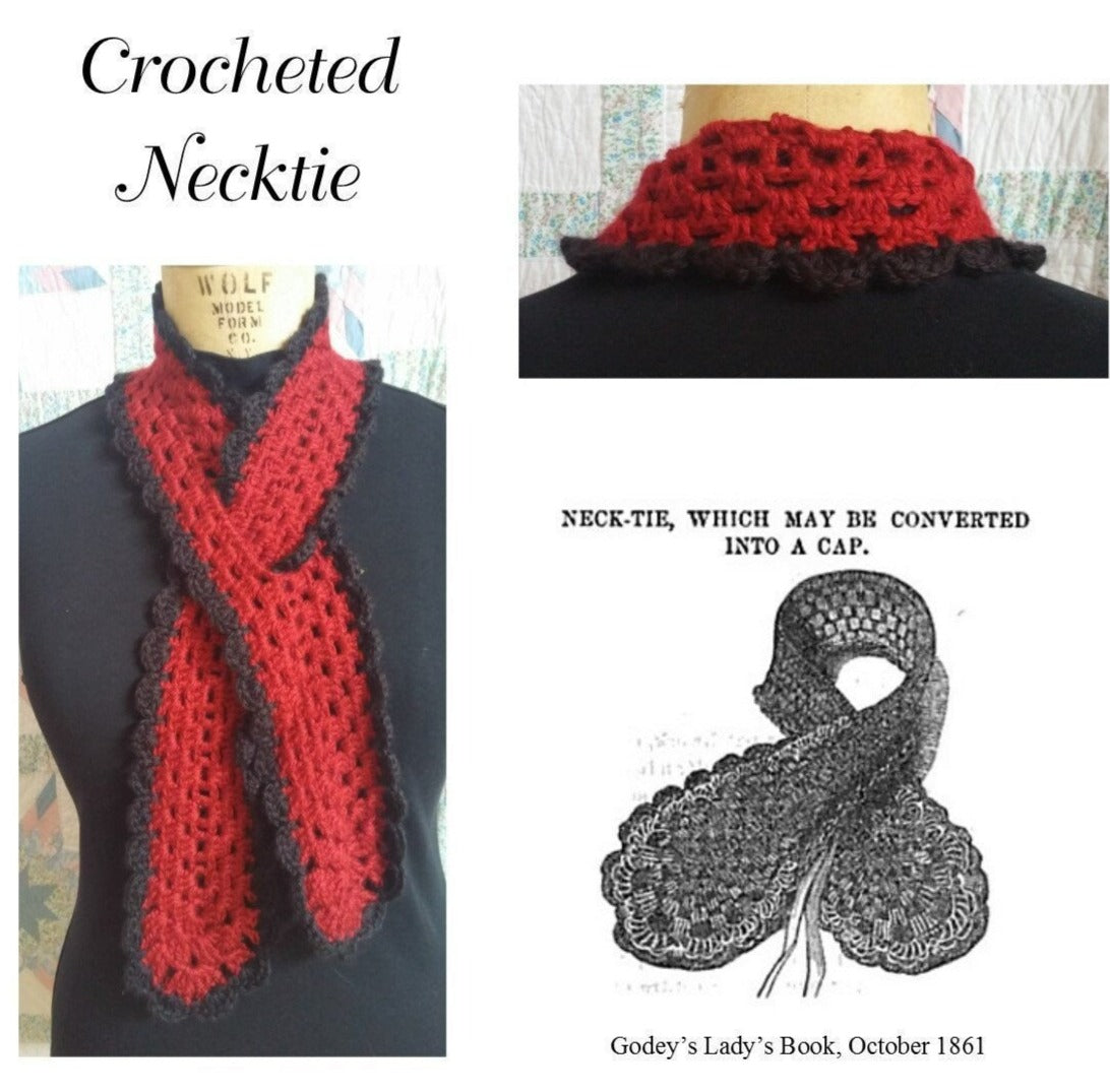 Victorian Crocheted Neck-tie/ Scarf, Neck Warmer - Autumn Red with Black edging