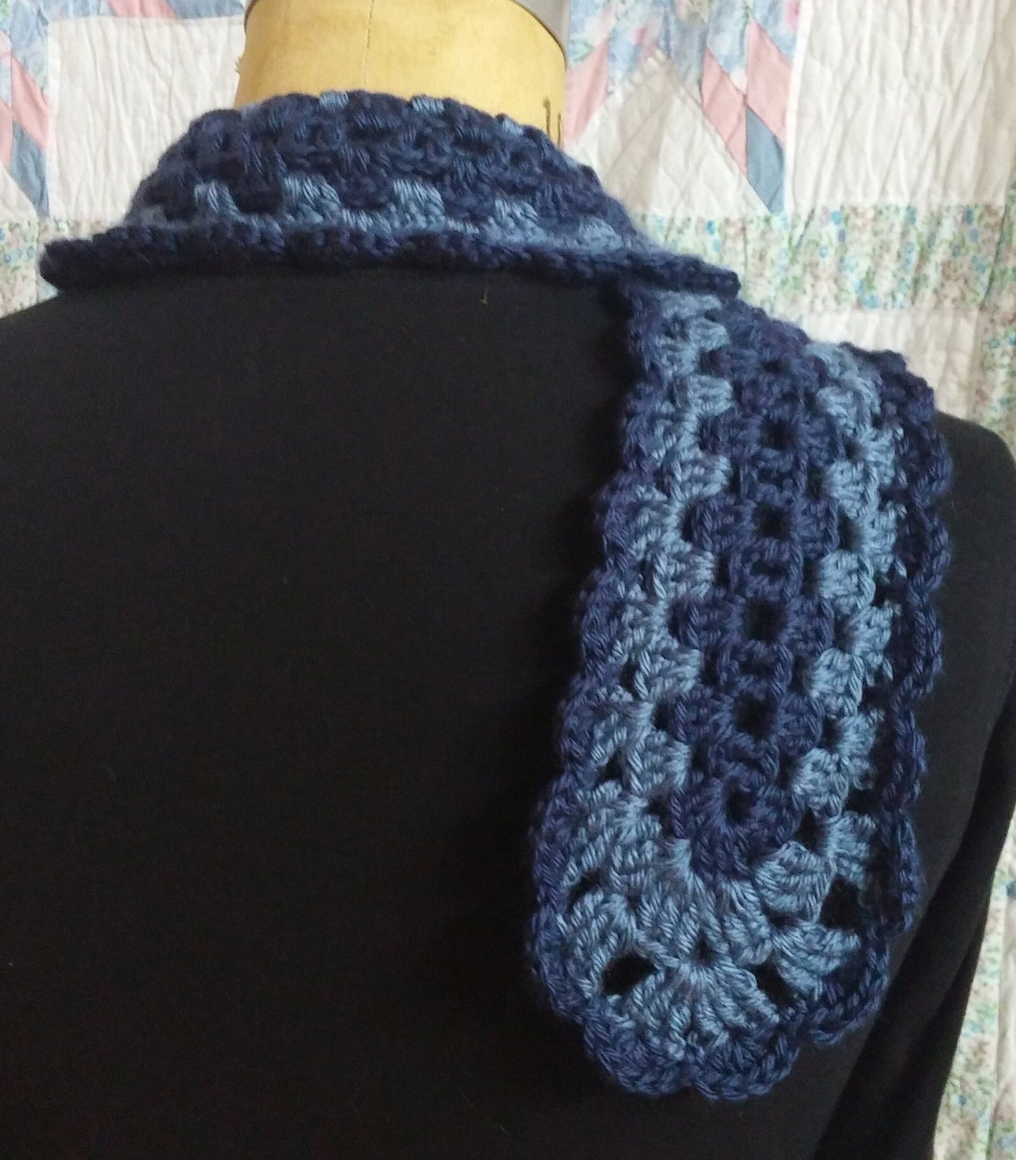 Victorian Crocheted Neck-tie/ Scarf, Neck Warmer - Navy and Slate Blue