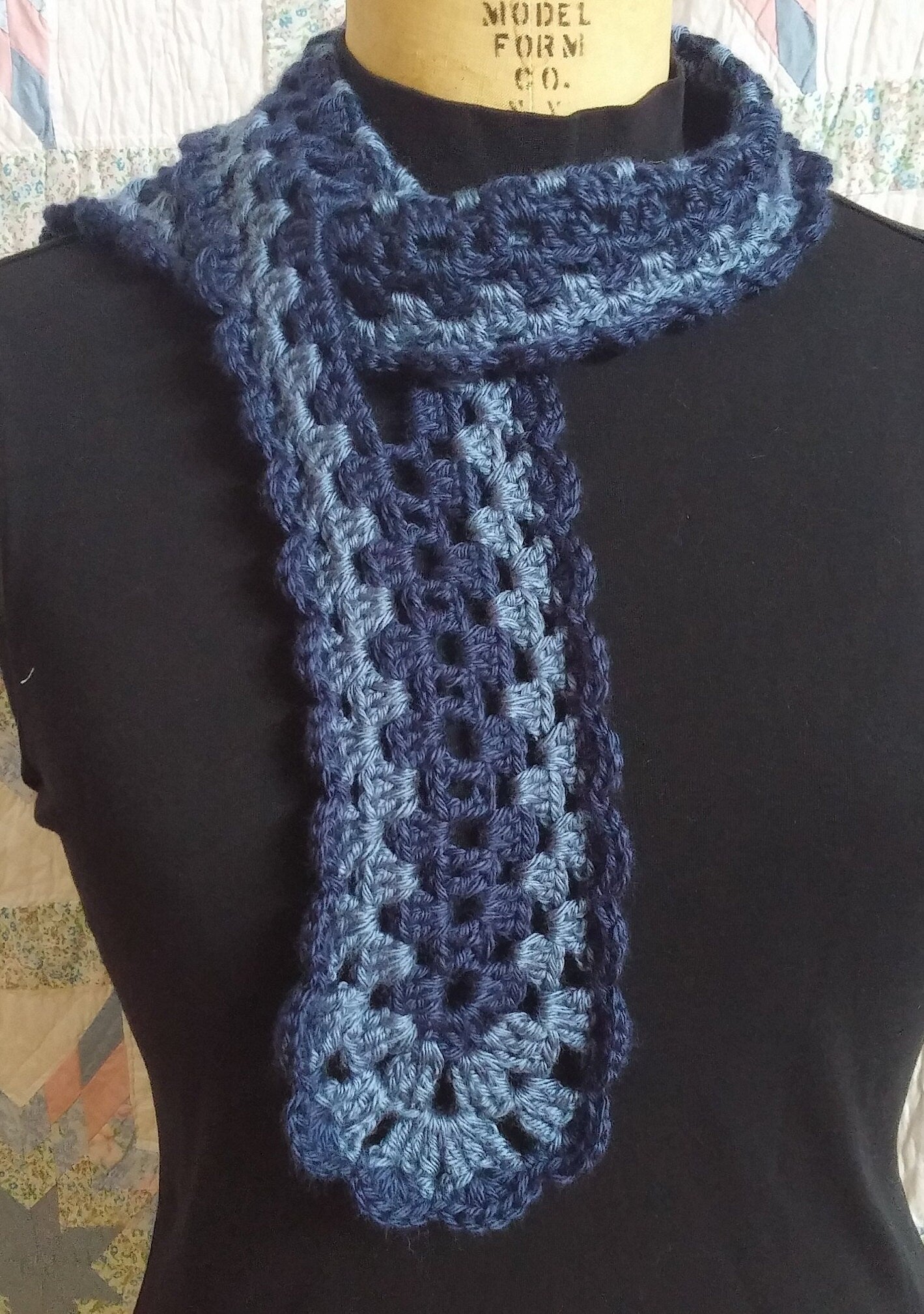 Victorian Crocheted Neck-tie/ Scarf, Neck Warmer - Navy and Slate Blue