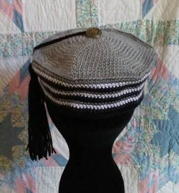 Men's Crocheted Smoking Cap in Grey with Black and White Accent - Camp Hat, Lounging Cap, 19th Century Victorian, Civil War