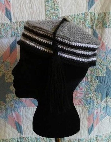 Men's Crocheted Smoking Cap in Grey with Black and White Accent - Camp Hat, Lounging Cap, 19th Century Victorian, Civil War