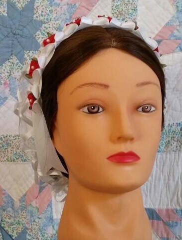 White Ribbon Hairnet with Red Satin Ribbon Roses on a White Folded Ribbon Coronet - Mrs Claus, Christmas