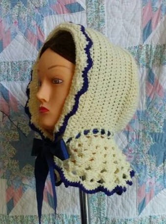 Cream Wool Carriage Bonnet trimmed in Choice of Color/ Crocheted Hood/ Winter Bonnet - 19th Century Victorian