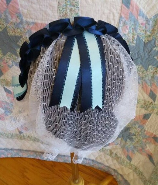 White Lace Fanchon Styled Day Cap with Navy and Baby Blue Ribbon Accents