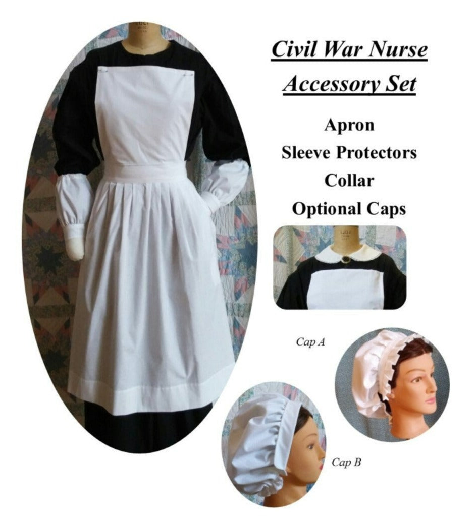 Civil War Nurse Accessory Set - Apron, Sleeve Protectors and Cotton collar with Optional Cap