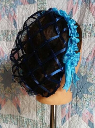 Blue Plaid Coronet on Navy Blue Satin Ribbon Hairnet