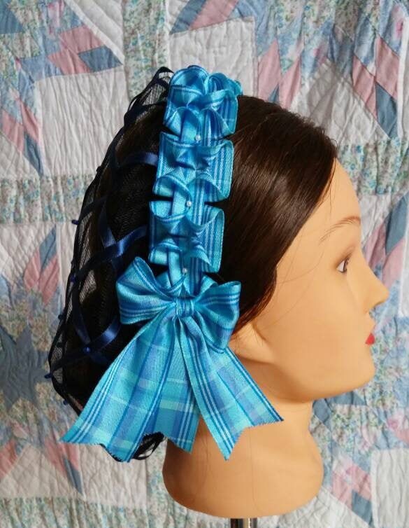 Blue Plaid Coronet on Navy Blue Satin Ribbon Hairnet