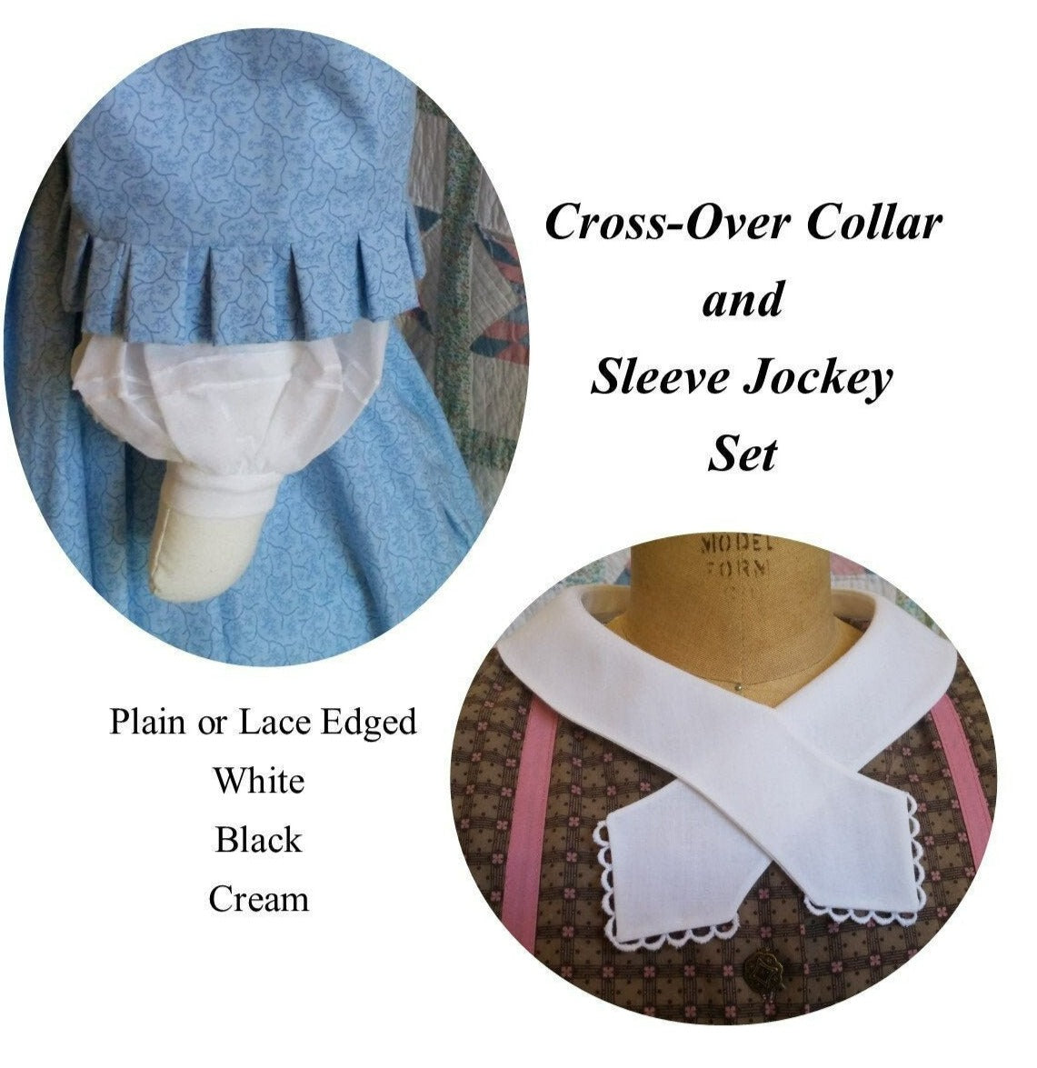 Cotton Cross-over Collar and Sleeve Jockey - Undersleeve Set-white, cream or black - 19th Century Victorian, Edwardian