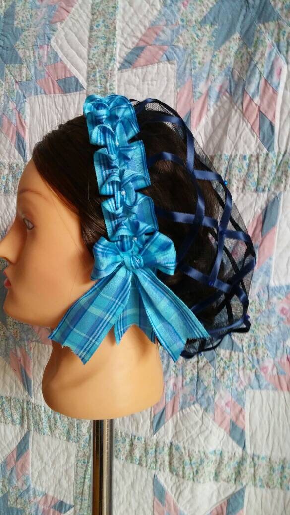 Blue Plaid Coronet on Navy Blue Satin Ribbon Hairnet