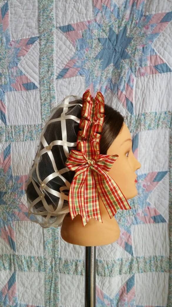 Red, Yellow and Green Plaid Coronet on choice of Green or Cream Satin Ribbon Hairnet
