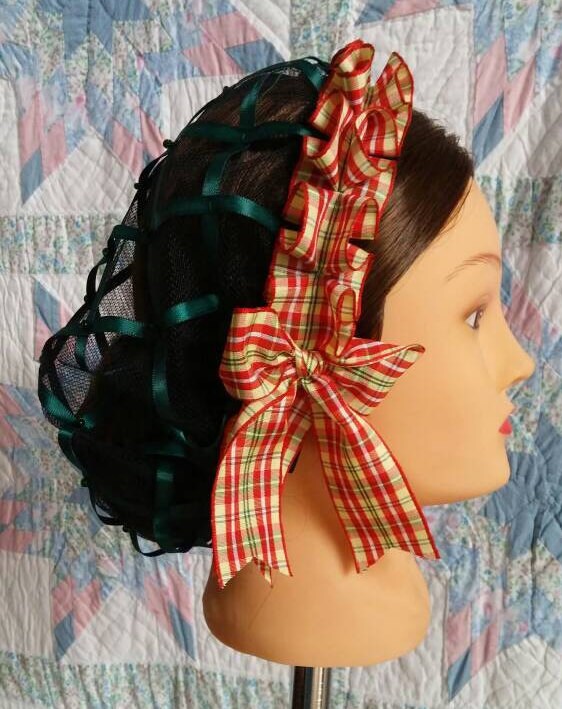 Red, Yellow and Green Plaid Coronet on choice of Green or Cream Satin Ribbon Hairnet