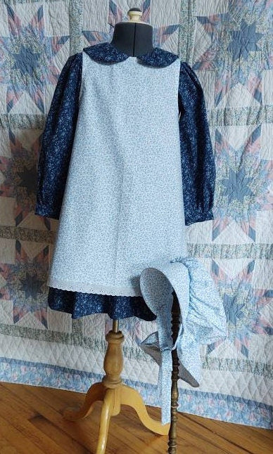 Girl's Dress, Pinafore & Bonnet Combination, MADE TO ORDER, Victorian Timeless Stitches Girl's Dress, Pinafore & Bonnet Combination, MADE TO ORDER, Victorian Timeless Stitches