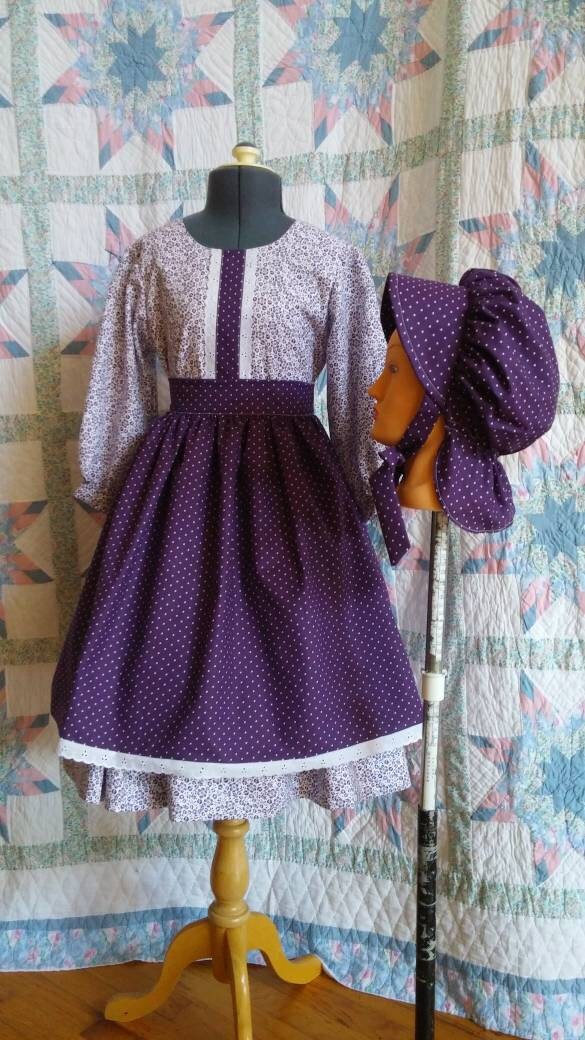 Girl's Long Sleeved Dress, Apron and Bonnet Set - MADE TO ORDER - Victorian, Civil War, Prairie School Days, Old-fashioned, Historical
