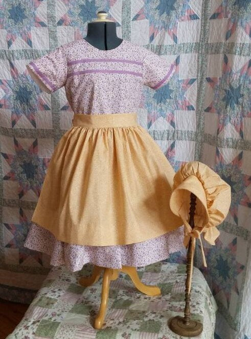 Girl's Short Sleeved Dress, Apron and Bonnet Set - MADE TO ORDER - Victorian, Civil War, Prairie School Days, Old-fashioned, Historical