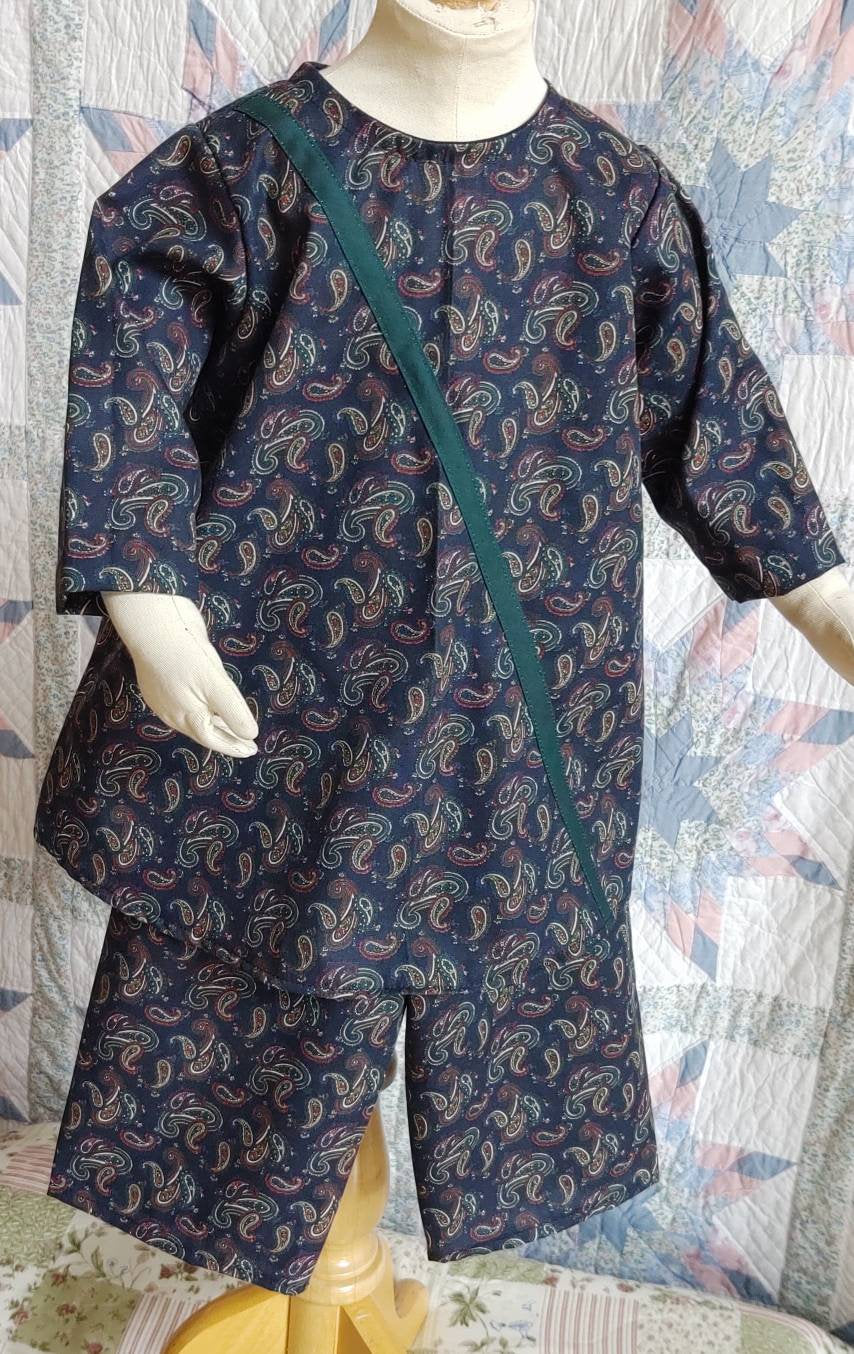 1T Navy Paisley Toddler Boys Tunic and Trousers for Civil War Era, Victorian Prairie Frontier