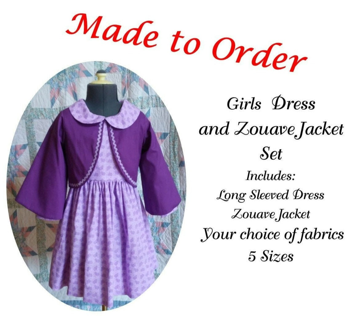 Girls Long Sleeved Dress and Zouave Jacket Set - MADE TO ORDER - Victorian, Civil War, Prairie School Days, Old-fashioned, Historical