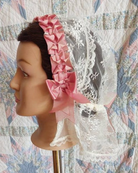 Cream Lace Fanchon Styled Day Cap with Peach Ribbon