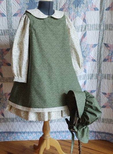 Girl's Dress, Pinafore & Bonnet Combination, MADE TO ORDER, Victorian Timeless Stitches Girl's Dress, Pinafore & Bonnet Combination, MADE TO ORDER, Victorian Timeless Stitches