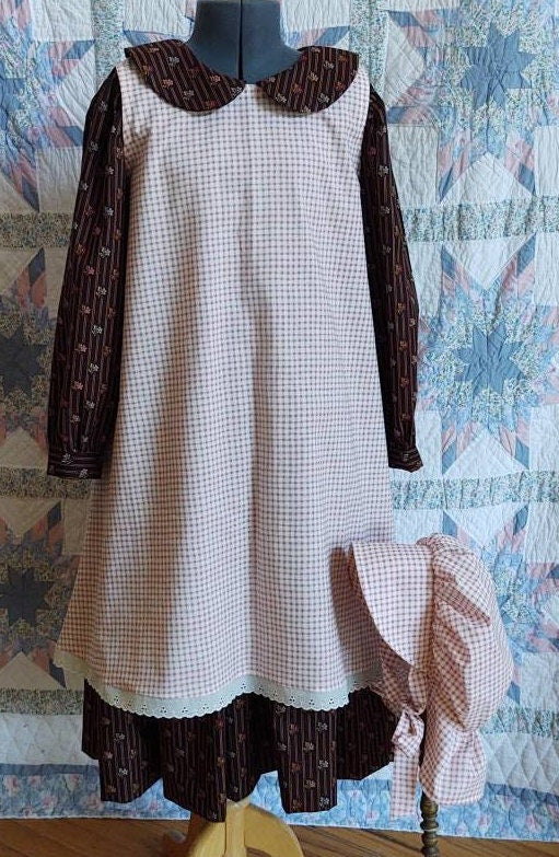 Girl's Dress, Pinafore and Bonnet Combination - MADE TO ORDER - Victorian, Civil War, Prairie School Days, Old-fashioned, Historical